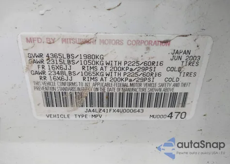 2004 Mitsubishi Outlander Xls z USA, uszkodzony, nr VIN JA4LZ41FX4U000643